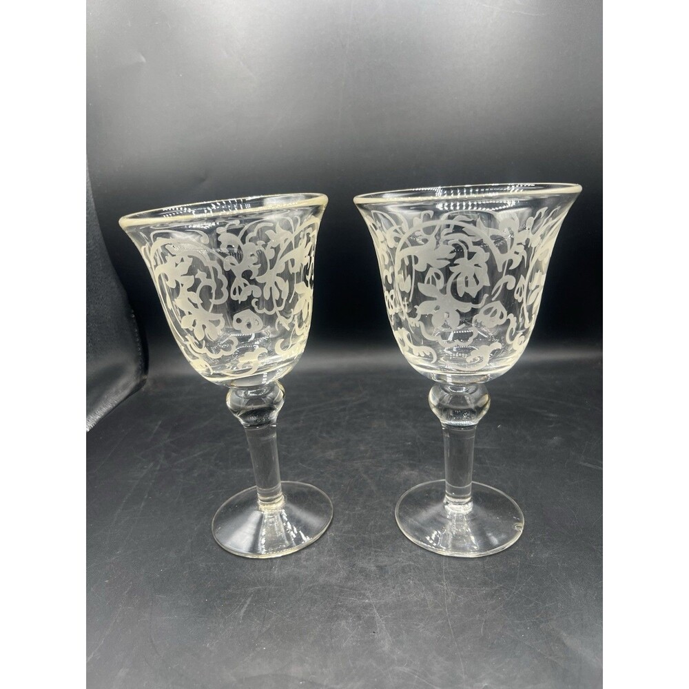 Vintage Etched Floral Frosted Glass Goblets Set of 2 Wine Water Glasses 7.75”
